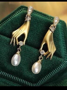 Hand Pearl Dangle Earrings Gold Tone Cubic Zirconia Women's Jewelry Gold